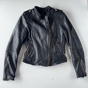 Zara Basic Zip Biker Soft Leather Jacket Womens Medium Black Gold Zippers